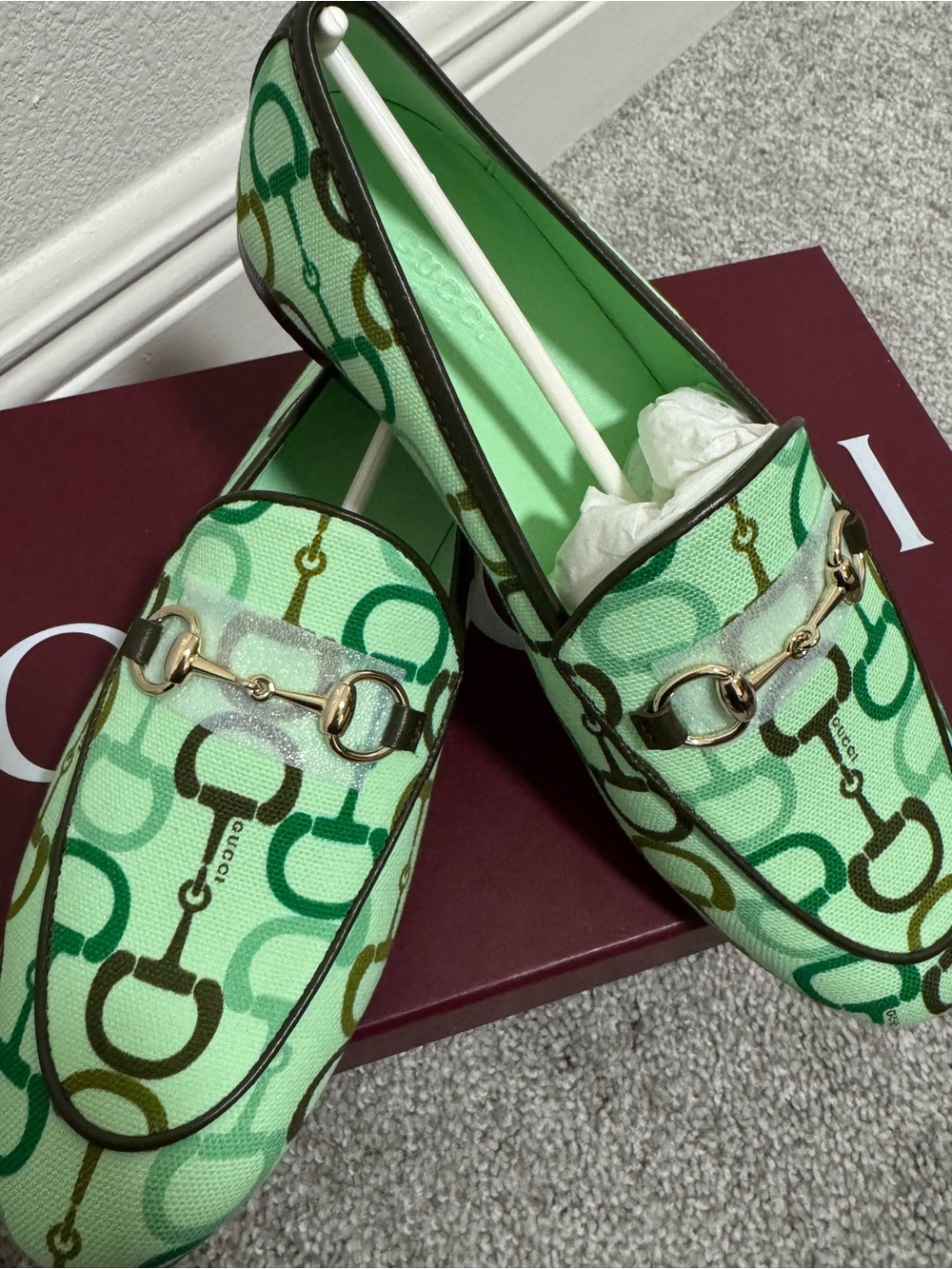 Gucci Green Patterned Horsebit Canvas Loafers